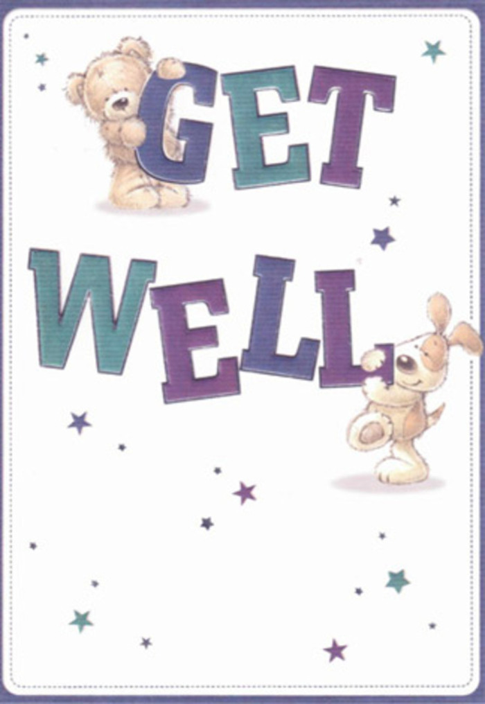 This beautifully whimsical get well card offers a comforting embrace, channeling the caring spirit of Marks Gate through its artful design. A soft, teddy bear, rendered in gentle brown tones, drapes over the word 'GET' with an almost tangible tenderness, while a cute, floppy-eared puppy bounds below, pressing affectionately against 'WELL'. Their playful forms and plush textures are captured with inviting detail, instantly recalling the cozy familiarity of home found along nearby Marks Gate streets. Star-shaped bursts in hues of blue and purple glimmer around the scene, as if casting good wishes into the air above a freshly arranged bouquet. The bold, confident typography-outlined in purples and aquas-brings an extra measure of reassurance. The card's crisp, clean white backdrop echoes the feeling of a fresh start and renewal, an apt companion to a floral delivery from Marks Gate Florist. The combined effect is gentle yet spirited, a visual celebration to lift the mood of anyone recuperating in the RM6 neighbourhood.