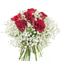 From the heart of Marks Gate comes this lavish bouquet, a celebration of love and artistry shaped by the expertise of floral designers attuned to the rhythms of the local community. Approximately twenty roses, their petals silky and awash with a passionate crimson, stand at the centre of the arrangement, each bloom surrounded by the gentle presence of dreamy white baby's breath. The gypsophila's countless tiny blossoms layer the bouquet with an impression of lightness, reminiscent of early spring mornings in Marks Gate's leafy surroundings. Enveloped in a rounded, lush formation and seated within a gleaming glass vase, the bouquet's vivid green stems add vibrancy and a natural touch. The composition shines against a pure white background, evoking clarity and emotional resonance. Subtle notes of rose fragrance invite memories of quiet walks near Padnall Lake or gatherings with friends on the green. Whether offered to celebrate love, mark an anniversary, or bring an elegant touch to a special day, this arrangement embodies the warmth and sincerity that define the Marks Gate community.